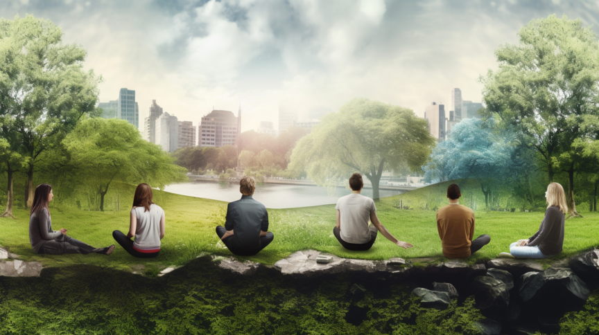 A_contrast_between_a_group_of_people_meditating_in_natu_f3aac3a9-4a39-49f1-9a6c-0a8ee0d7c557